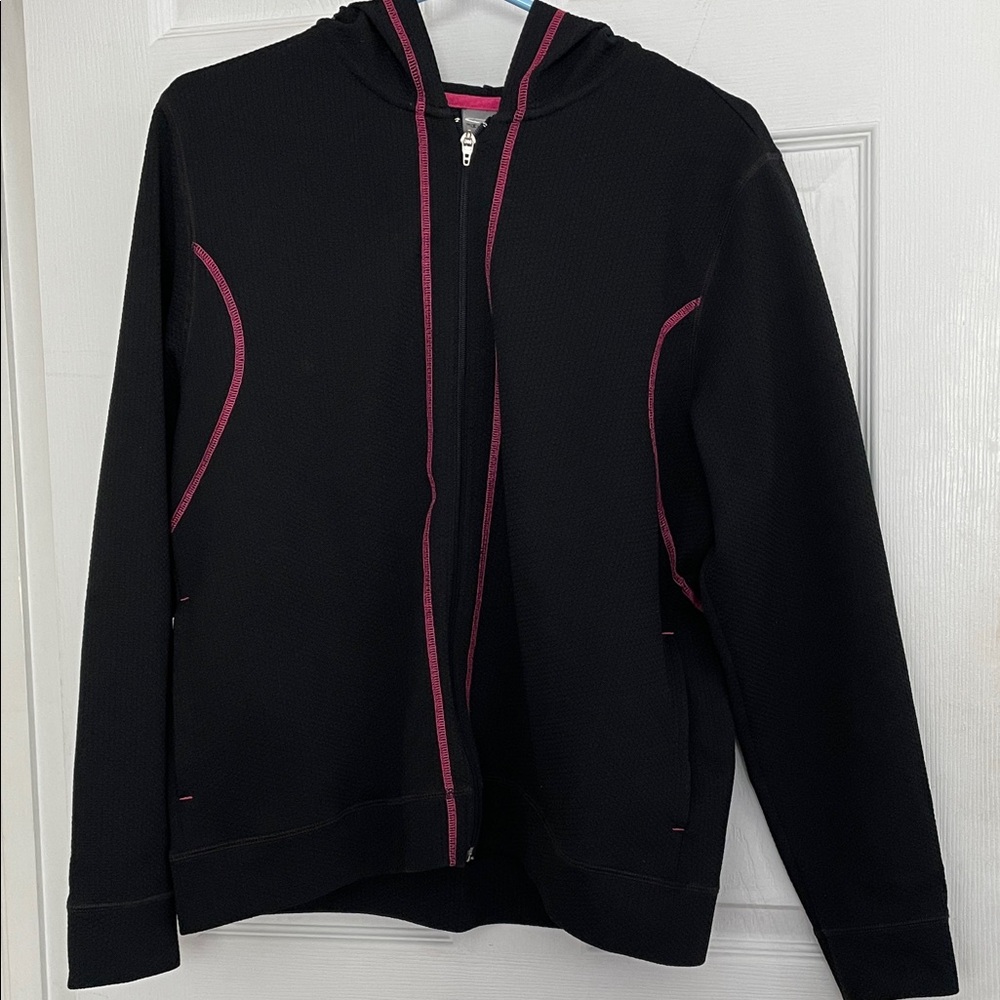 Hooded athletic jacket. Champion. Black with Pink Accents. Pockets.
